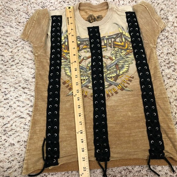 Affliction Graphic T-Shirt Women's XS Maryrs Of Death Metal Tour Tee Lace Front - Picture 11 of 11